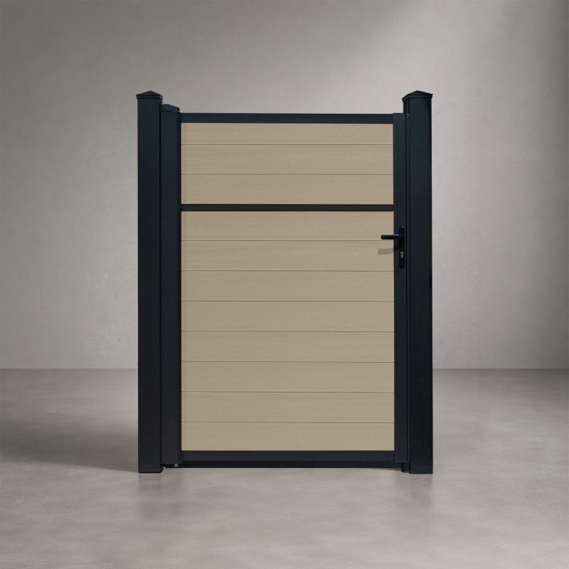 Greenwood Fence Classic Privacy Sandy Birch composite single swing gate with matte black aluminum frame, posts, and hardware