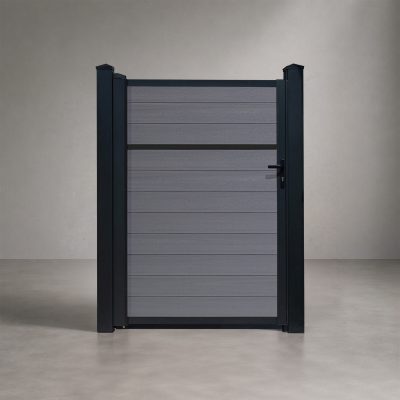 Greenwood Fence Classic Privacy Storm Grey composite single swing gate with matte black aluminum frame, posts, and hardware