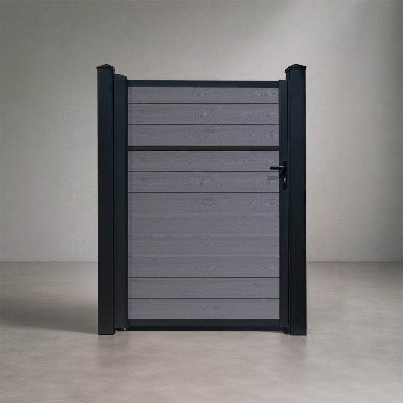 Greenwood Fence Classic Privacy Storm Grey composite single swing gate with matte black aluminum frame, posts, and hardware
