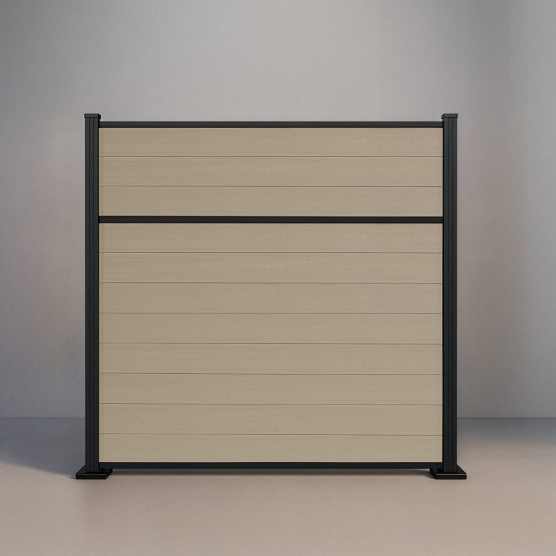 GWF® Classic Privacy horizontal modular composite fence in Sandy Birch with 6063-T5 aluminum framing and signature mid-panel rail.
