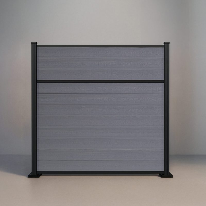 GWF® Classic Privacy horizontal modular composite fence in Storm Grey with 6063-T5 aluminum framing and signature mid-panel rail.