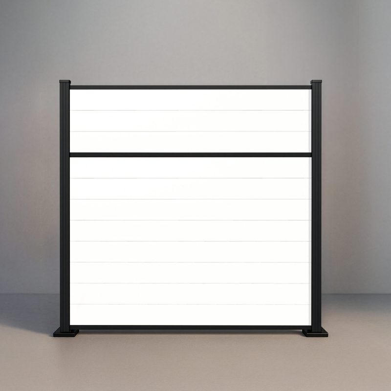 GWF® Classic Privacy horizontal modular vinyl fence in Mykonian White with 6063-T5 aluminum framing and signature mid-panel rail.