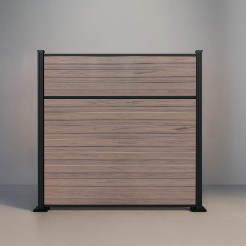 GWF® Classic Privacy horizontal vinyl fence in Woodgrain Walnut, eleven solid woodgrain boards with a single mid rail on a 6063-T5 aluminum frame.