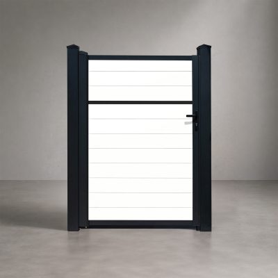 GWF® Classic Privacy modular vinyl single swing gate in Mykonian White, horizontal slat boards with a mid-panel rail and matte black frame and posts, studio front view