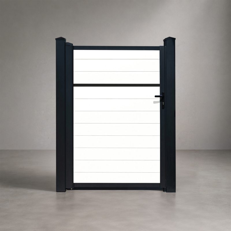 GWF® Classic Privacy modular vinyl single swing gate in Mykonian White, horizontal slat boards with a mid-panel rail and matte black frame and posts, studio front view
