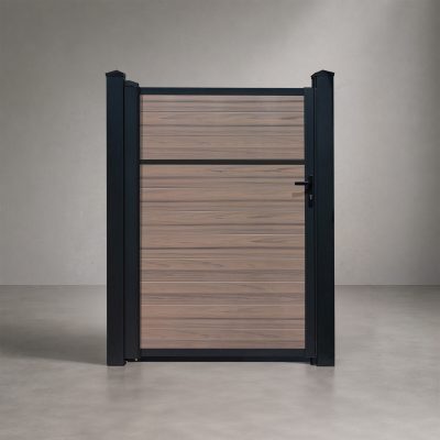 Greenwood Fence Classic Privacy Mykonian White vinyl single swing gate with matte black aluminum frame, posts, and hardware