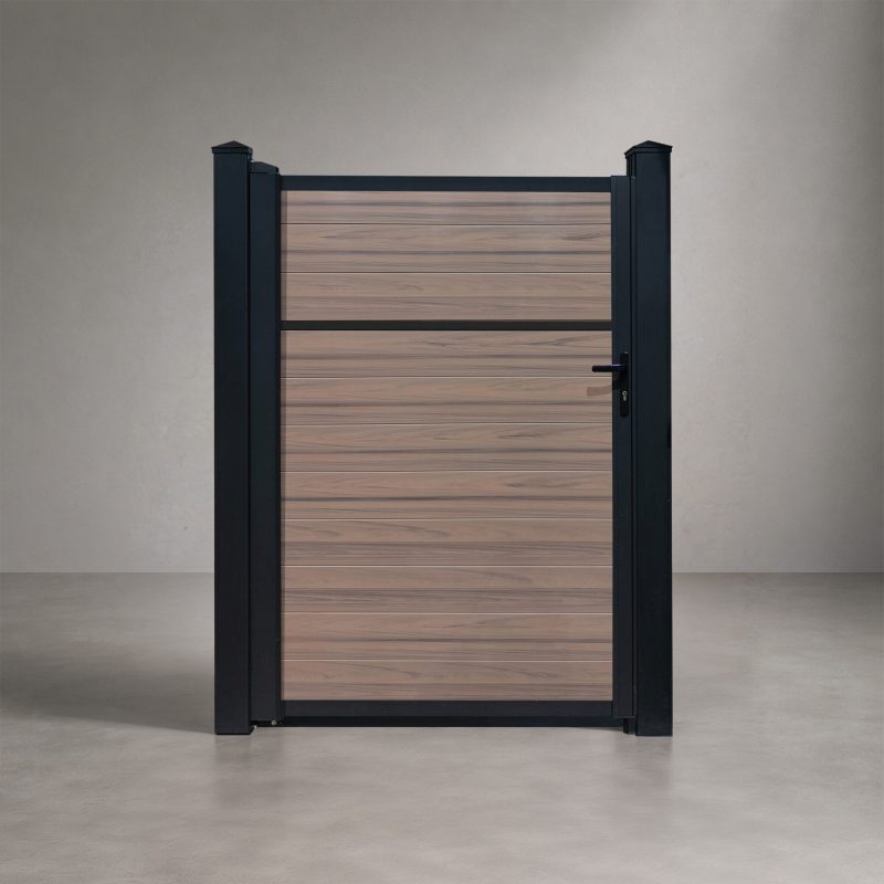 Greenwood Fence Classic Privacy Mykonian White vinyl single swing gate with matte black aluminum frame, posts, and hardware