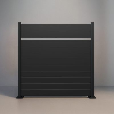 GWF® Classic Semi Privacy horizontal aluminum fence in Matte Black, eleven boards in a near-solid face with a single reveal and a unified powder-coat finish.