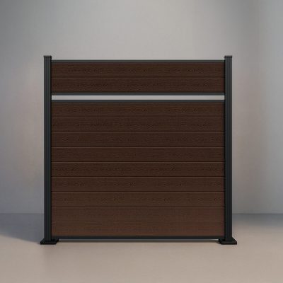 GWF® Classic Semi Privacy horizontal composite fence in Aspen Brown, eleven wood-grain boards with a single narrow reveal and matte black aluminum posts.