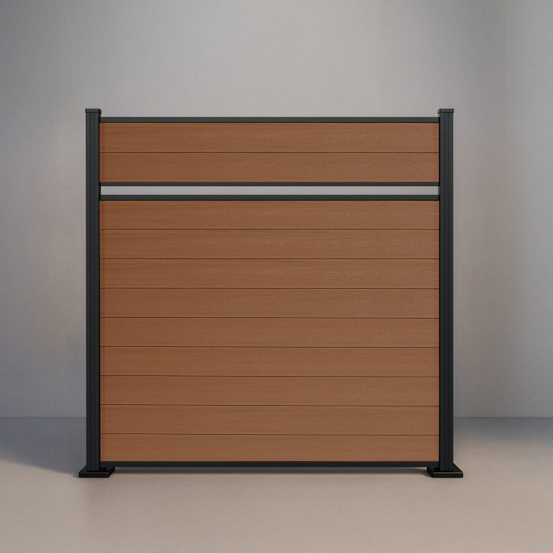 GWF® Classic Semi Privacy horizontal composite fence in warm Cedar, eleven wood-grain boards in a near-solid face with a single reveal and matte black framing.