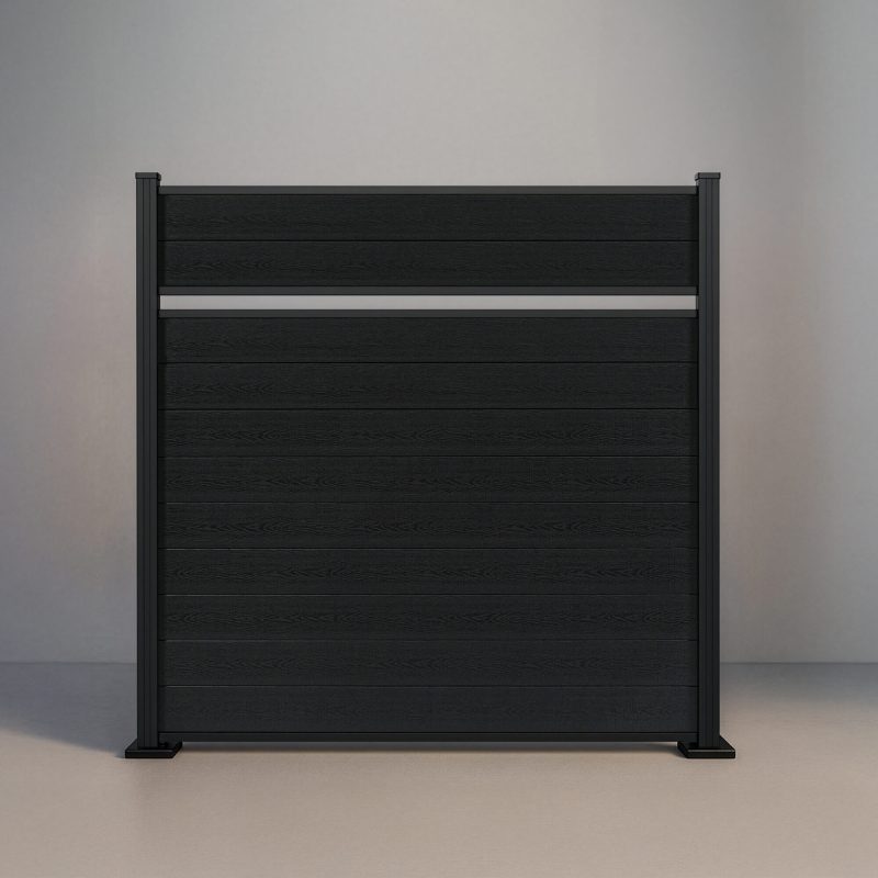 GWF® Classic Semi Privacy horizontal composite fence in Charcoal, eleven dark wood-grain boards in a near-solid face with a single reveal and matte black posts.