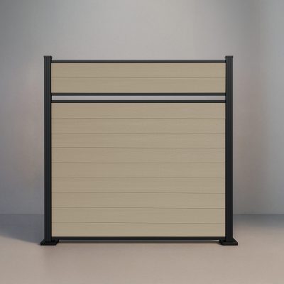 GWF® Classic Semi Privacy horizontal composite fence in Sandy Birch, eleven light wood-grain boards in a near-solid face with one reveal and matte black posts.