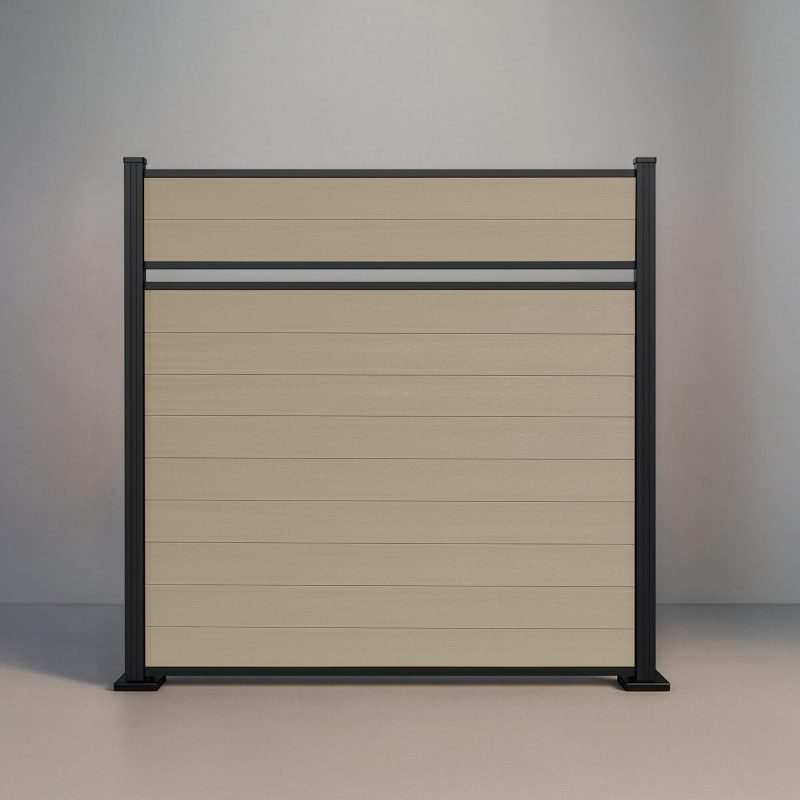 GWF® Classic Semi Privacy horizontal composite fence in Sandy Birch, eleven light wood-grain boards in a near-solid face with one reveal and matte black posts.