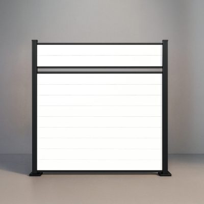 GWF® Classic Semi Privacy horizontal vinyl fence in Mykonian White, eleven smooth boards in a near-solid face with a single reveal and matte black posts.