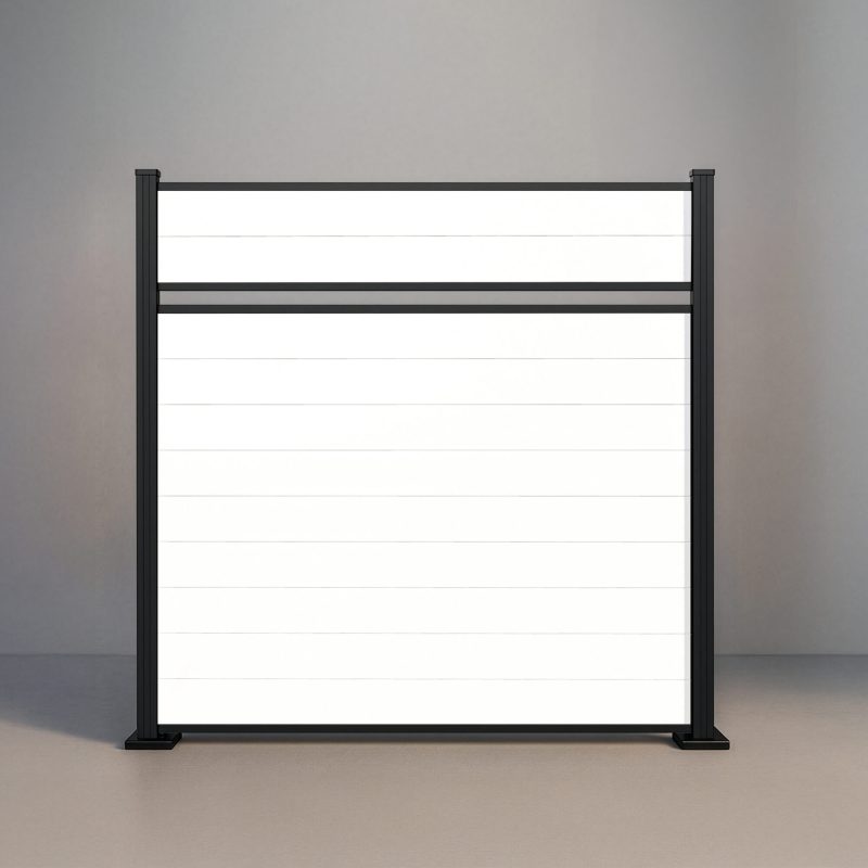 GWF® Classic Semi Privacy horizontal vinyl fence in Mykonian White, eleven smooth boards in a near-solid face with a single reveal and matte black posts.