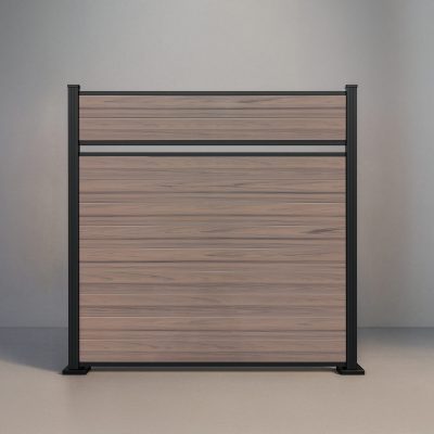 GWF® Classic Semi Privacy horizontal vinyl fence in Woodgrain Walnut, eleven woodgrain boards in a near-solid face with a single reveal and matte black posts.