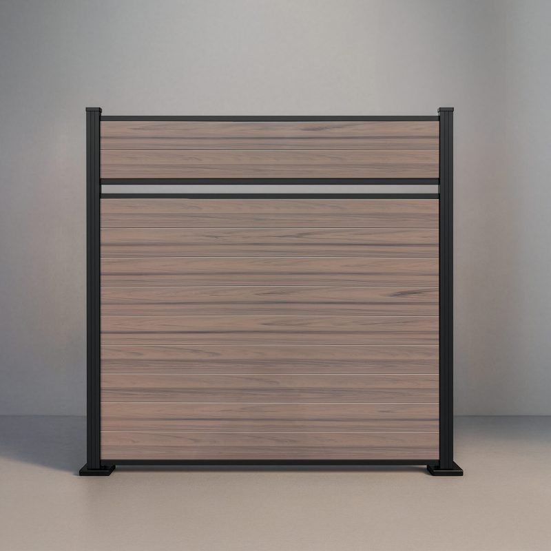 GWF® Classic Semi Privacy horizontal vinyl fence in Woodgrain Walnut, eleven woodgrain boards in a near-solid face with a single reveal and matte black posts.