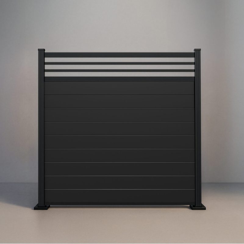 GWF® Classic Trellis horizontal modular aluminum fence in Matte Black with 6063-T5 framing, architectural trellis crown, and AAMA 2604 powder coat.