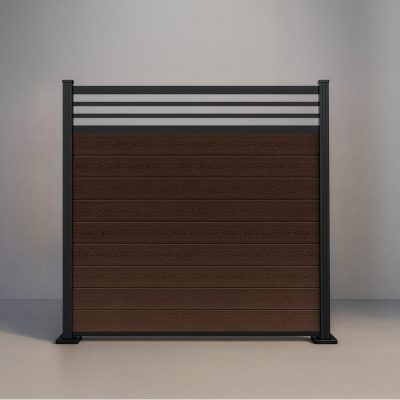 GWF® Classic Trellis horizontal modular composite fence in Aspen Brown with 6063-T5 aluminum framing and architectural trellis crown.