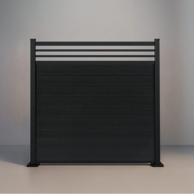 GWF® Classic Trellis horizontal modular composite fence in Charcoal with 6063-T5 aluminum framing and architectural trellis crown.