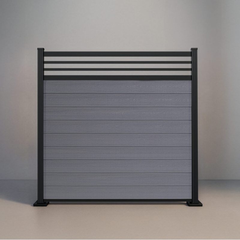 GWF® Classic Trellis horizontal modular composite fence in Storm Grey with 6063-T5 aluminum framing and architectural trellis crown.