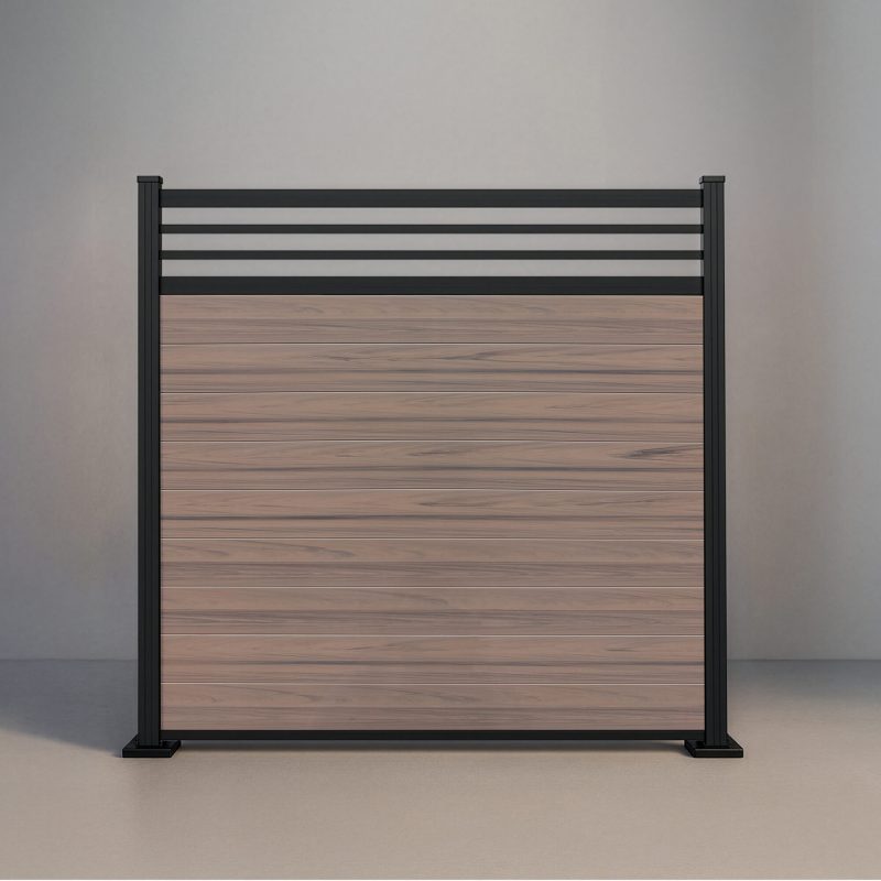 GWF® Classic Trellis horizontal vinyl fence in Woodgrain Walnut, nine woodgrain boards beneath an architectural trellis crown on a 6063-T5 aluminum frame.