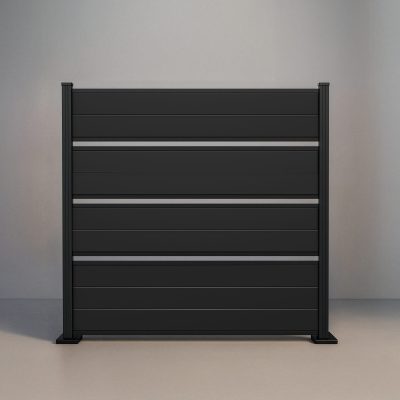 GWF® Deluxe Semi Privacy horizontal aluminum fence in Matte Black, nine boards in framed groups with open airflow gaps and a unified powder-coat finish.
