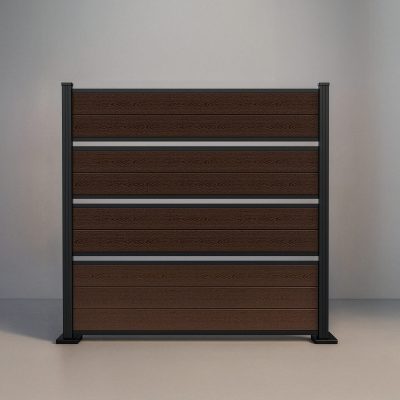 GWF® Deluxe Semi Privacy horizontal composite fence in Aspen Brown, nine wood-grain boards in framed groups with airflow gaps and matte black aluminum posts.