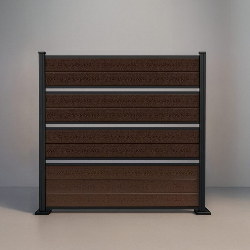GWF® Deluxe Semi Privacy horizontal composite fence in Aspen Brown, nine wood-grain boards in framed groups with airflow gaps and matte black aluminum posts.