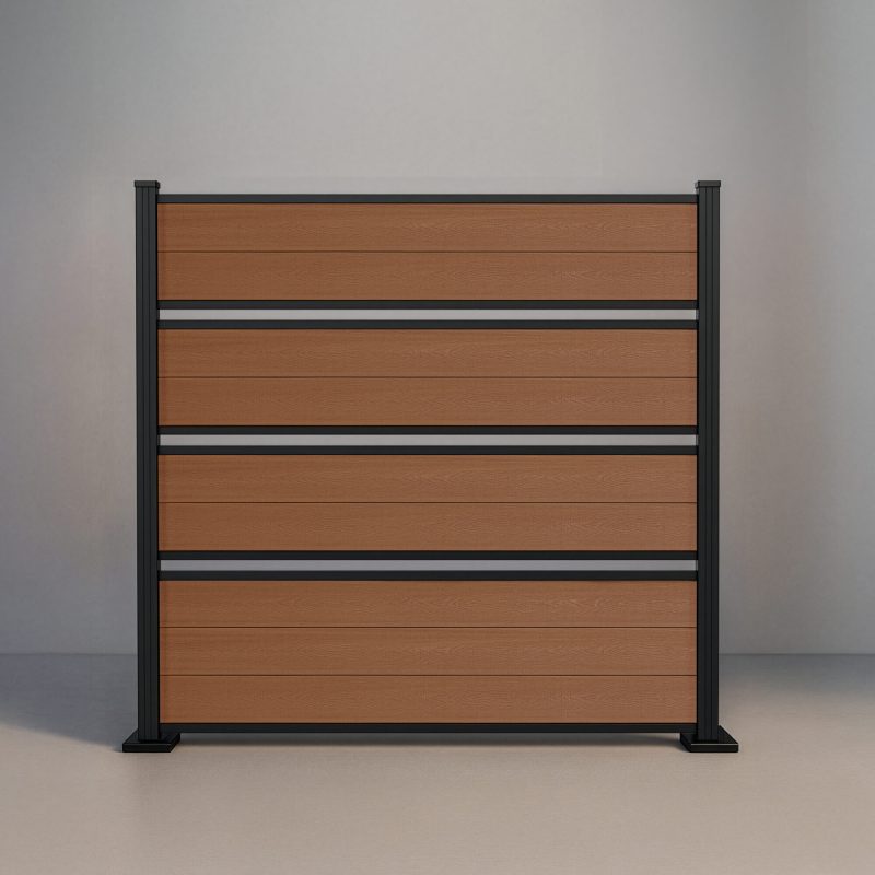 GWF® Deluxe Semi Privacy horizontal composite fence in warm Cedar, nine wood-grain boards grouped with open airflow gaps and matte black aluminum framing.