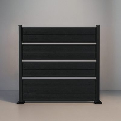 GWF® Deluxe Semi Privacy horizontal composite fence in Charcoal, nine dark wood-grain boards in framed groups with open airflow gaps and matte black posts.