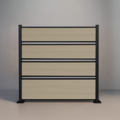 GWF® Deluxe Semi Privacy horizontal composite fence in Sandy Birch, nine light wood-grain boards in framed groups with open gaps and matte black aluminum posts.