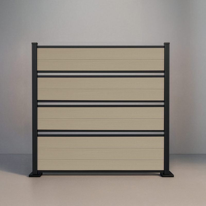 GWF® Deluxe Semi Privacy horizontal composite fence in Sandy Birch, nine light wood-grain boards in framed groups with open gaps and matte black aluminum posts.