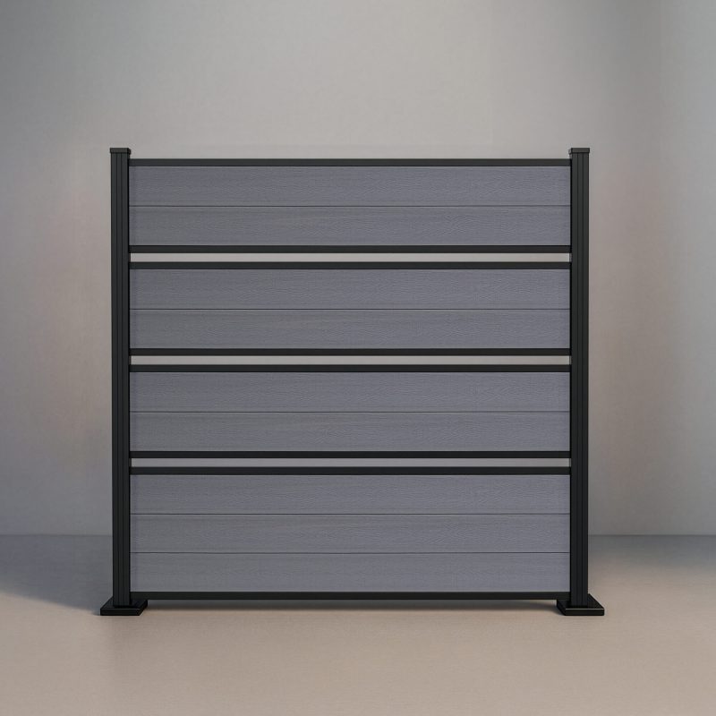 GWF® Deluxe Semi Privacy horizontal composite fence in Storm Grey, nine wood-grain boards in framed groups with open airflow gaps and matte black aluminum posts.