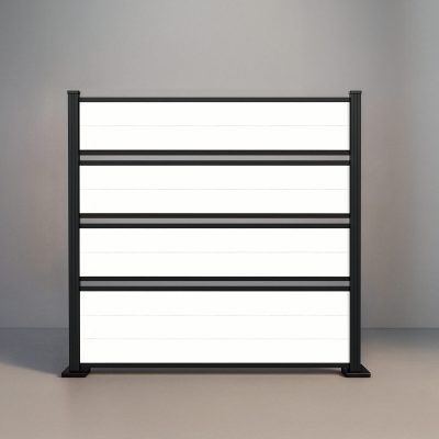 GWF® Deluxe Semi Privacy horizontal vinyl fence in Mykonian White, nine smooth boards in framed groups with open airflow gaps and matte black aluminum posts.