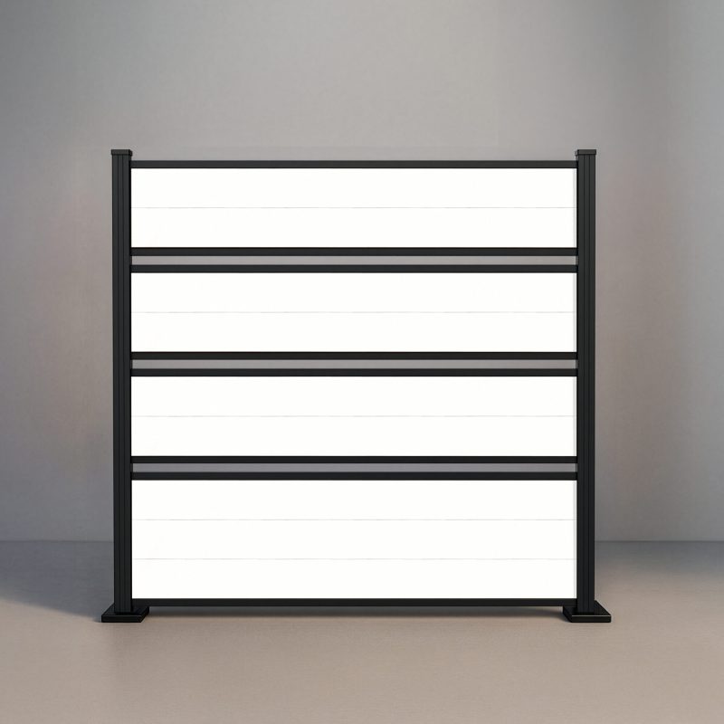 GWF® Deluxe Semi Privacy horizontal vinyl fence in Mykonian White, nine smooth boards in framed groups with open airflow gaps and matte black aluminum posts.
