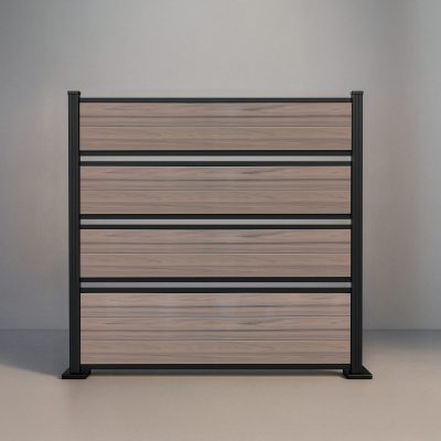 GWF® Deluxe Semi Privacy horizontal vinyl fence in Woodgrain Walnut, nine woodgrain boards in four framed groups with open airflow gaps and matte black posts.