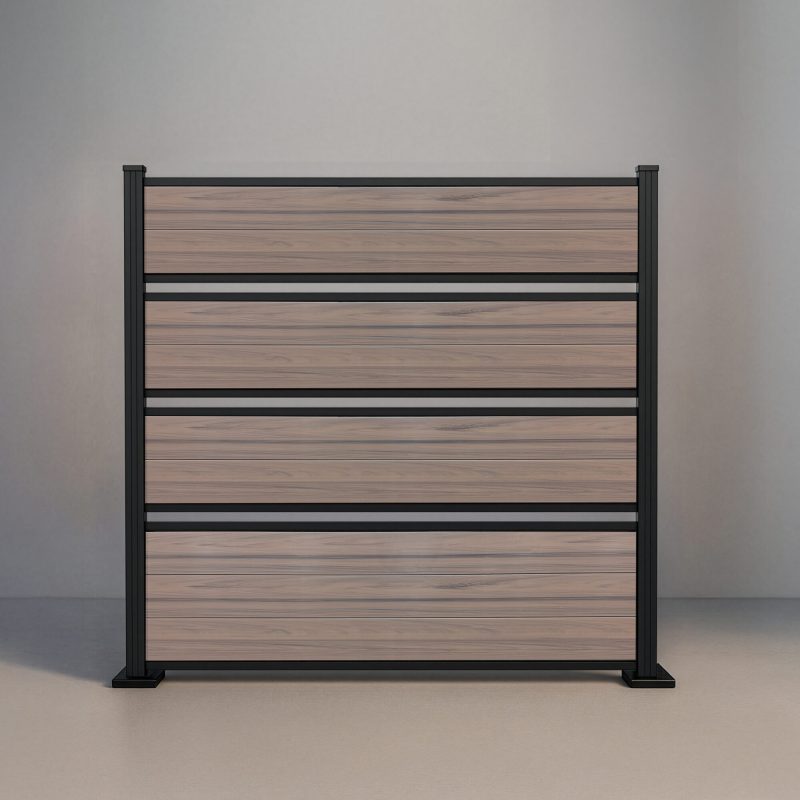 GWF® Deluxe Semi Privacy horizontal vinyl fence in Woodgrain Walnut, nine woodgrain boards in four framed groups with open airflow gaps and matte black posts.