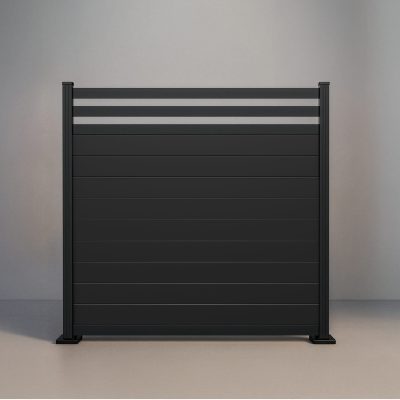 GWF® Deluxe Trellis horizontal aluminum fence in Matte Black, nine powder-coated boards beneath a twin 80mm trellis crown on a 6063-T5 aluminum frame.