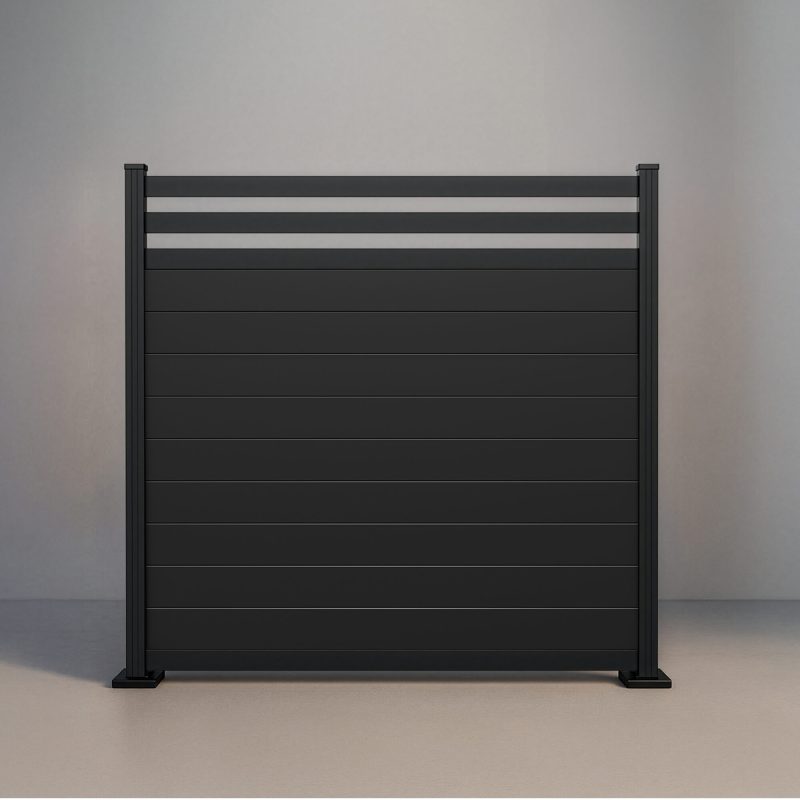GWF® Deluxe Trellis horizontal aluminum fence in Matte Black, nine powder-coated boards beneath a twin 80mm trellis crown on a 6063-T5 aluminum frame.