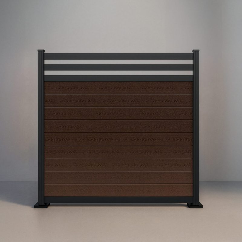 GWF® Deluxe Trellis horizontal composite fence in Aspen Brown, nine tongue-and-groove boards beneath an 80mm twin-slat trellis crown on a 6063-T5 aluminum frame.