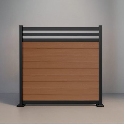 GWF® Deluxe Trellis horizontal composite fence in Cedar, nine embossed wood-grain boards below a twin 80mm trellis crown on a 6063-T5 aluminum frame.