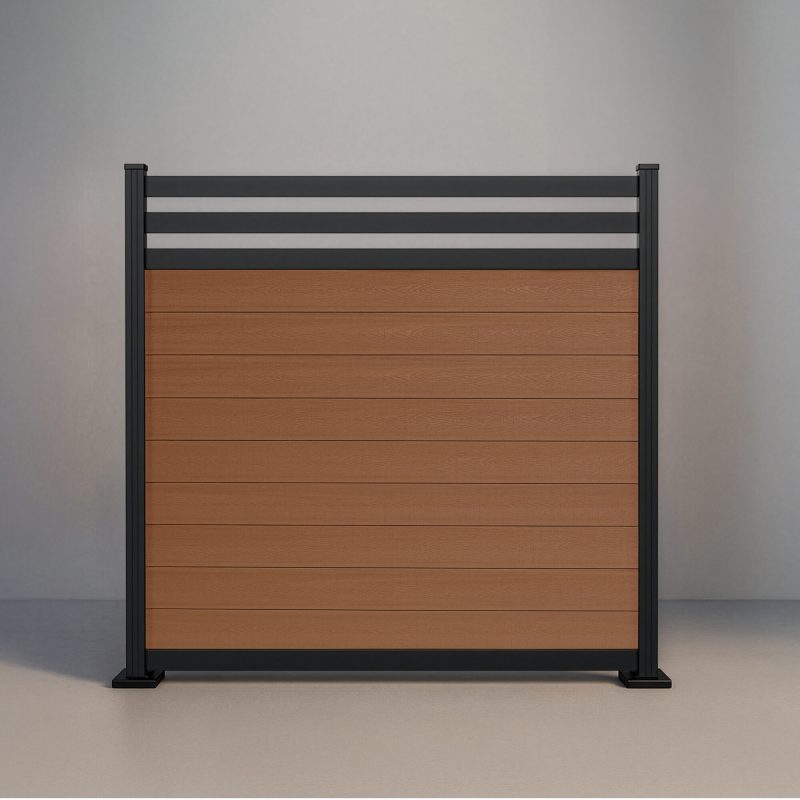 GWF® Deluxe Trellis horizontal composite fence in Cedar, nine embossed wood-grain boards below a twin 80mm trellis crown on a 6063-T5 aluminum frame.