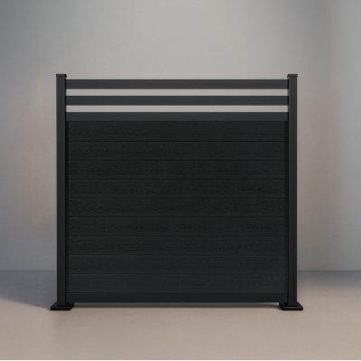 GWF® Deluxe Trellis horizontal composite fence in Charcoal, nine tongue-and-groove boards under a twin 80mm trellis crown on a 6063-T5 aluminum frame. Title: GWF® Deluxe Trellis Horizontal Composite Fence - Charcoal