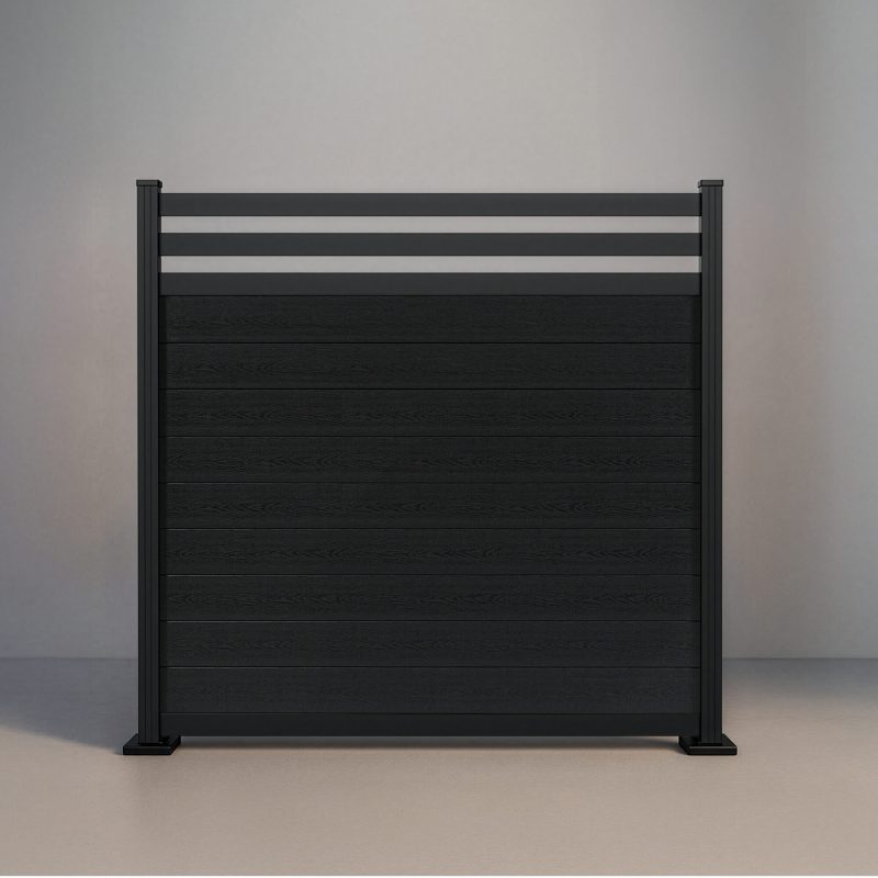 GWF® Deluxe Trellis horizontal composite fence in Charcoal, nine tongue-and-groove boards under a twin 80mm trellis crown on a 6063-T5 aluminum frame. Title: GWF® Deluxe Trellis Horizontal Composite Fence - Charcoal