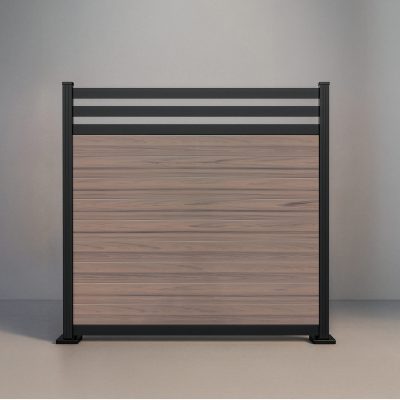 GWF® Deluxe Trellis horizontal vinyl fence in Woodgrain Walnut, nine woodgrain boards beneath a twin 80mm slat trellis crown on a 6063-T5 aluminum frame.