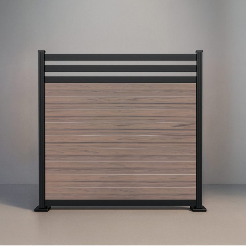 GWF® Deluxe Trellis horizontal vinyl fence in Woodgrain Walnut, nine woodgrain boards beneath a twin 80mm slat trellis crown on a 6063-T5 aluminum frame.