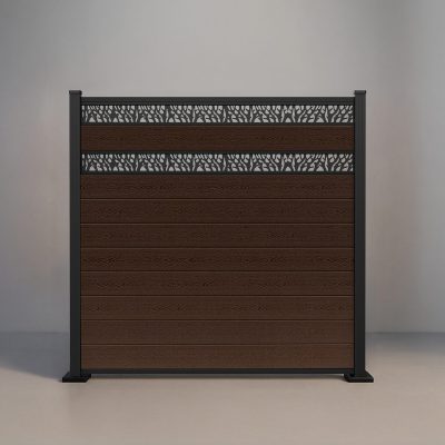 GWF® Double Ornamental Lattice horizontal composite fence in Aspen Brown, nine tongue-and-groove boards with two matte black laser-cut aluminum lattice bands on a 6063-T5 frame.