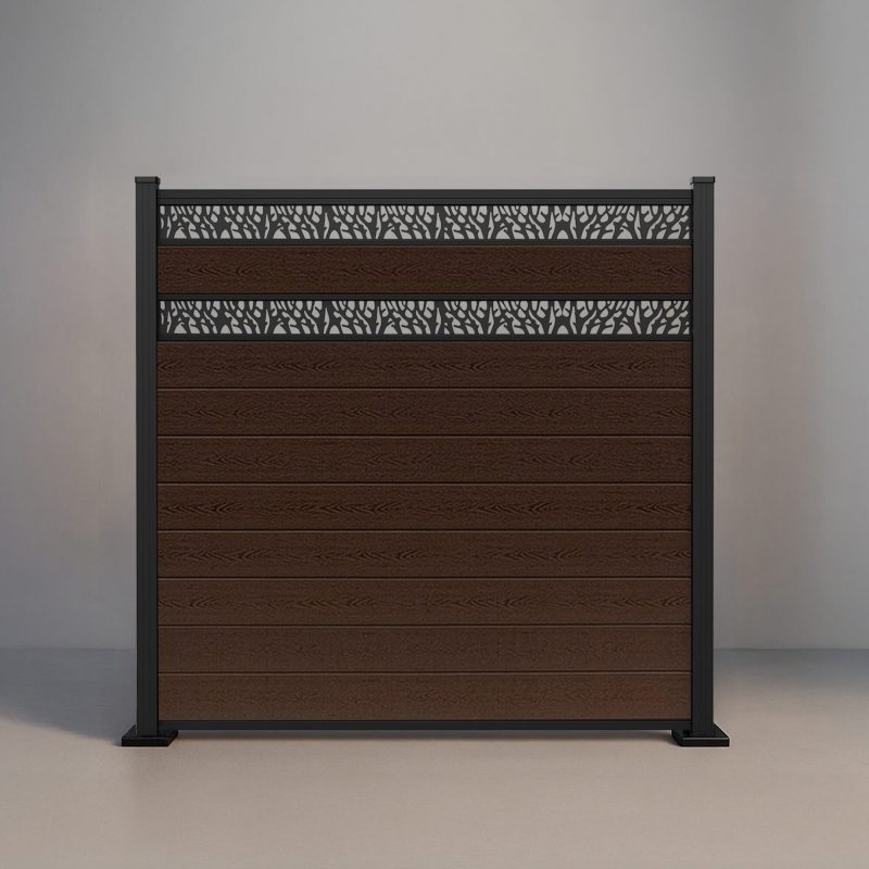 GWF® Double Ornamental Lattice horizontal composite fence in Aspen Brown, nine tongue-and-groove boards with two matte black laser-cut aluminum lattice bands on a 6063-T5 frame.