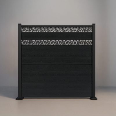GWF® Double Ornamental Lattice horizontal composite fence in Charcoal, nine tongue-and-groove boards with two matte black laser-cut aluminum lattice bands on a 6063-T5 frame.